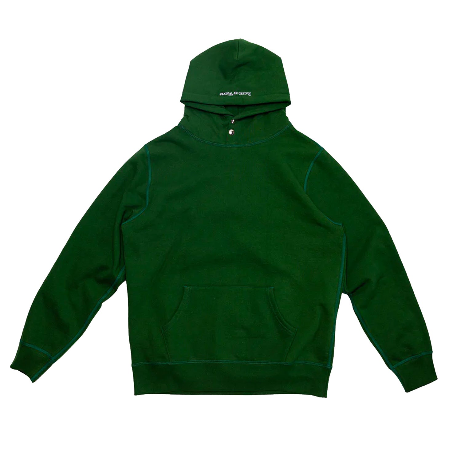 Heavyweight Snap Hoodie GREEN

Made in Canada

500 GSM Heavyweight Cotton

Embroidered Hood
Metal snap collar
Ribbed cuffs and bottoms
 RAISED BY WOLVES