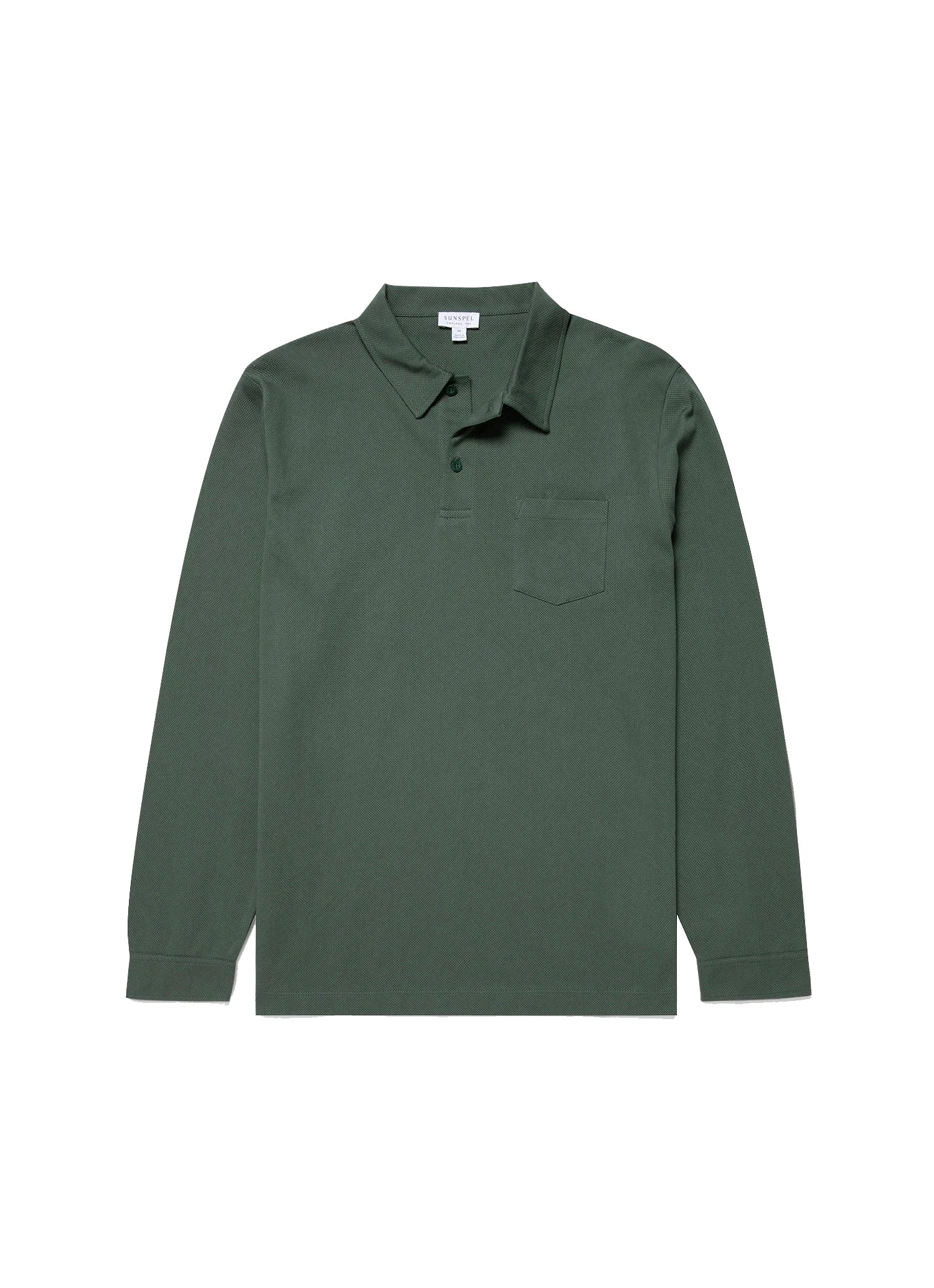 Long Sleeve Riviera Polo DARK GREEN
A long sleeve take on the Riviera polo shirt, a garment tailored for Daniel Craig for his role as James Bond in Casino Royale. Crafted from the same fine cotton mesh fabric, the polo offers a precise cut, patch pocket and full length, cuffed arms. A versatile garment that can be worn year-round.

100% Cotton
Wash at 30°C
Do not tumble dry
Dry cleanable
Designed in England and made in Portugal
 SUNSPEL