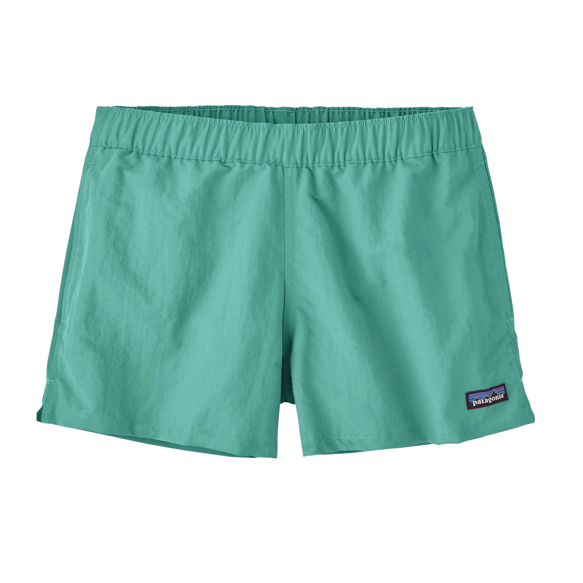 W&#39;s Barely Baggies 2 1/2&quot; FRESH TEAL 
Updated for improved fit, the Barely Baggies™ Shorts have a higher rise and more comfortable leg openings. They have our P-6 logo at the left hem and are made of NetPlus® 100% postconsumer recycled nylon made from recycled fishing nets to help reduce ocean plastic pollution. Inseam is 2½”; regular rise. PATAGONIA