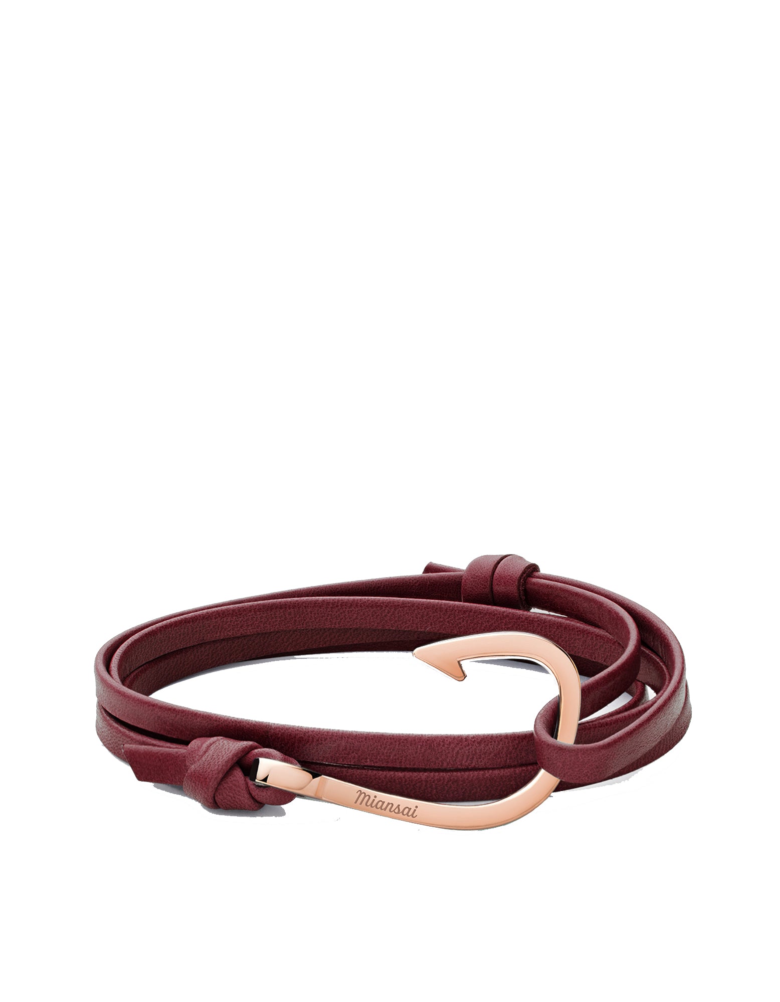 Hook on Leather Bracelet BURGUNDY/ROSE GOLD
The classic bracelet is made to impress impeccable detail to any occasion. Made with the iconic Miansai hook in rose gold plated or solid 14 karat rose gold on genuine Italian leather, it&#39;s secured to elevate your signature look. MIANSAI